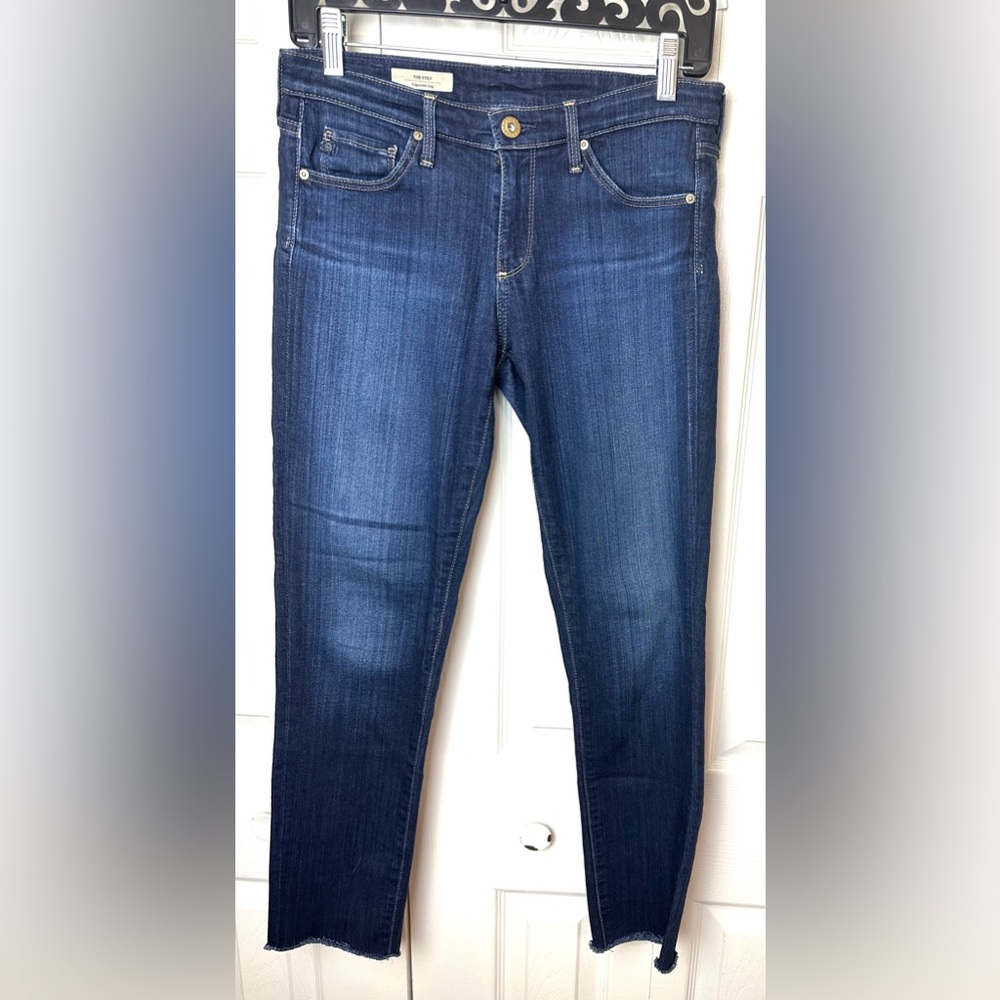 AG ADRIANO GOLDSCHMIED The Stilt Cigarette Leg Dark Wash Raw Hem Ankle Crop